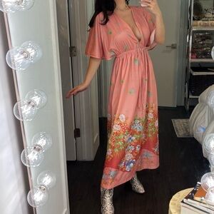 Vntg Granada Peach Floral Maxi House Dress Dressing Gown Large